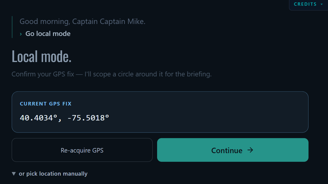 LIR Local Mode displaying area conditions, tides, and active notices